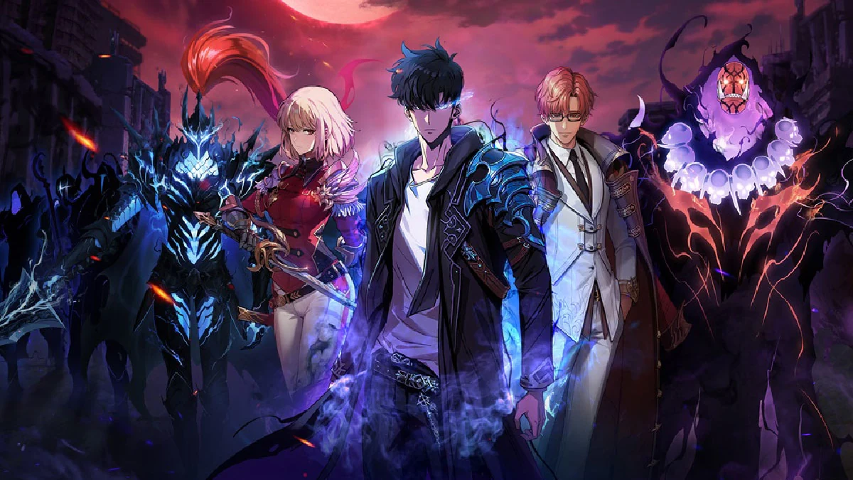 Sung Jinwoo cercado por aliados e forças sombrias em arte promocional de Solo Leveling