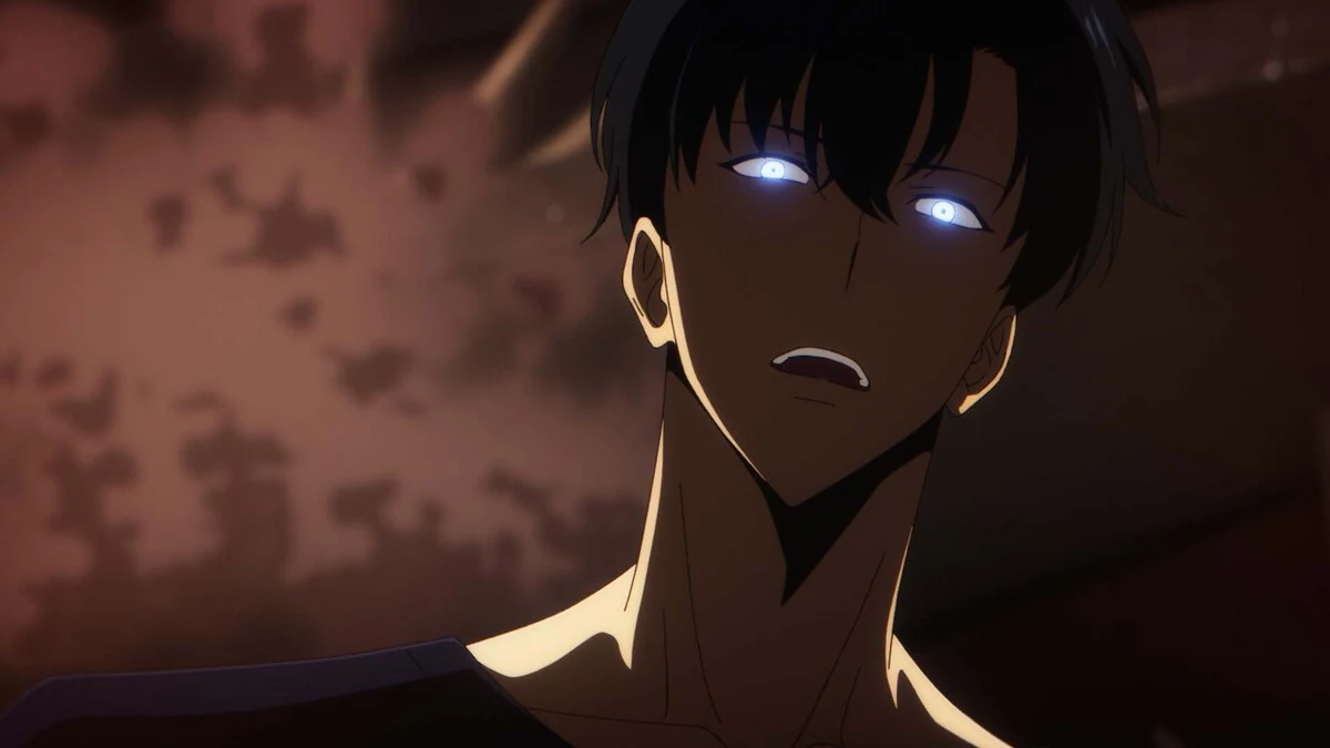 Sung Jinwoo usando o poder do Monarca das Sombras em visual oficial do anime