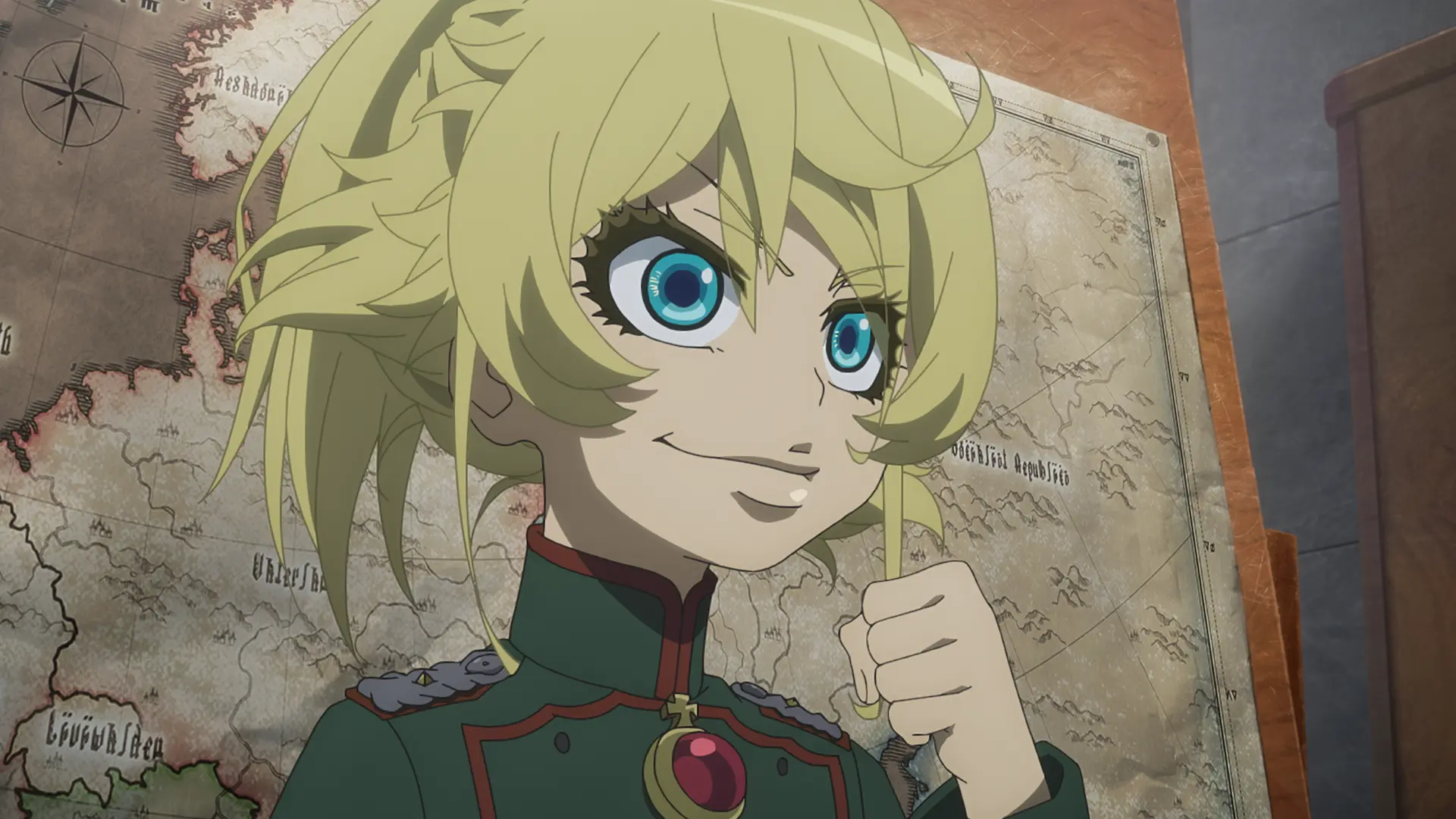 Tanya diante de um mapa do front oriental em Youjo Senki II