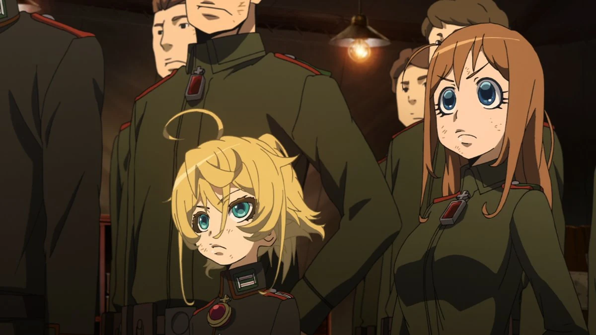Tanya e outros militares com esferas de computação visíveis nos uniformes