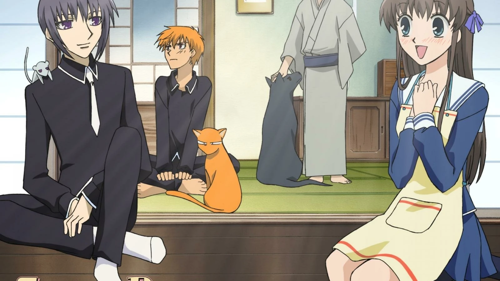 Tohru Honda, Kyo, Yuki e Shigure em visual de Fruits Basket de 2001