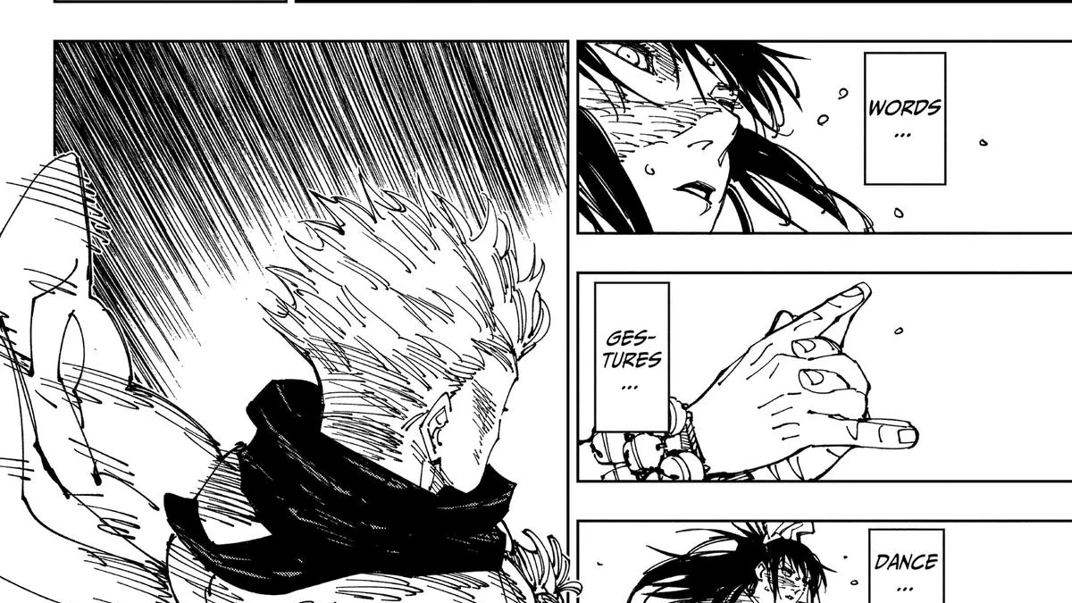 Utahime executando um ritual completo com encantamentos e gestos