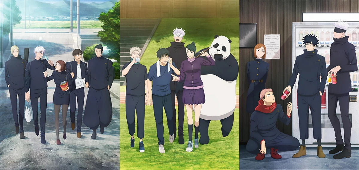Visual oficial com Gojo e outros personagens de Jujutsu Kaisen em diferentes fases da história