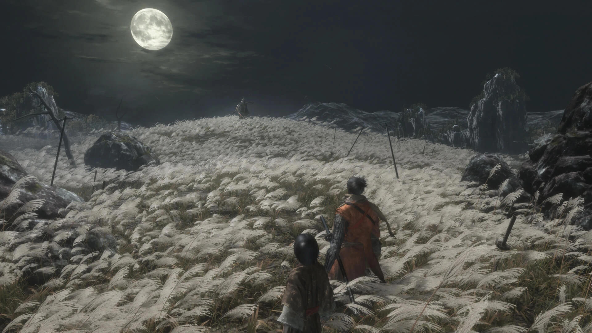 Wolf e Kuro atravessam um campo sob a lua no jogo Sekiro: Shadows Die Twice