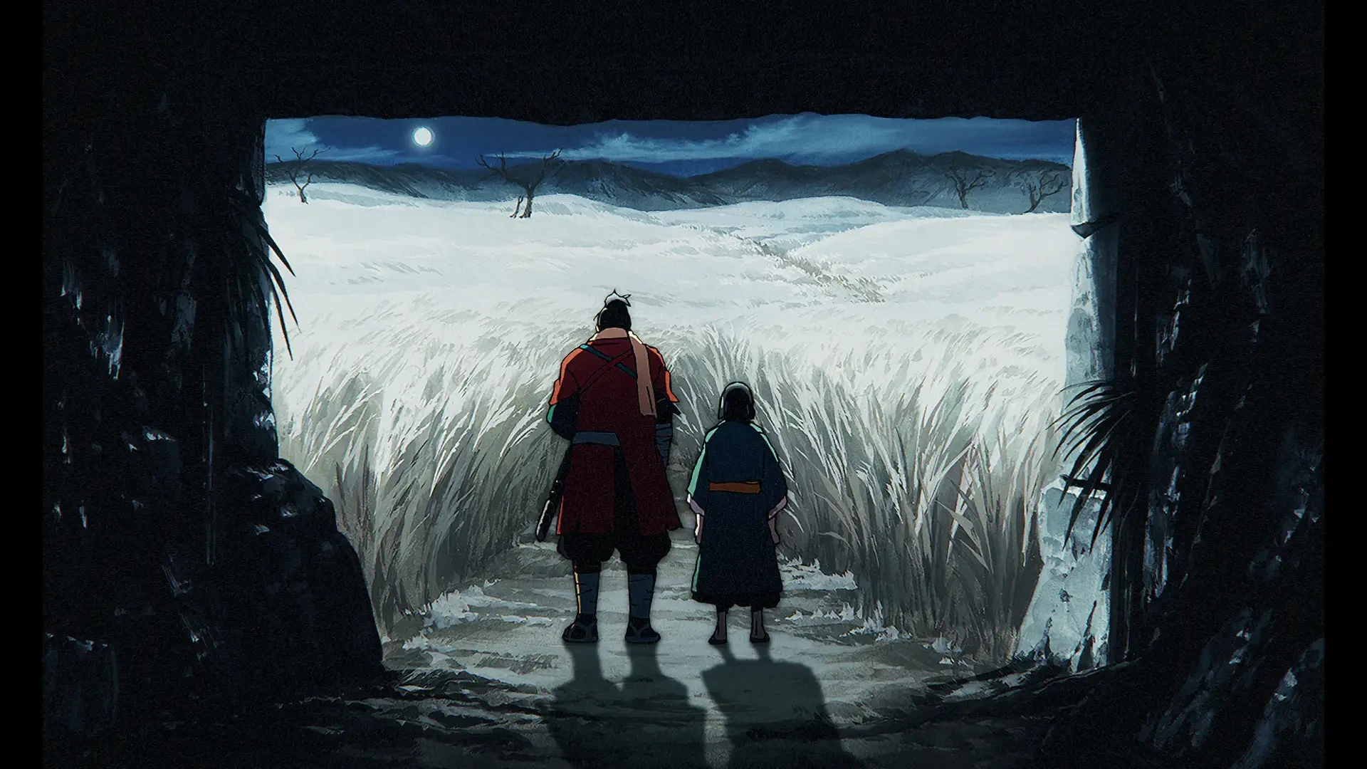Wolf e Kuro diante de uma planície nevada em Sekiro: No Defeat