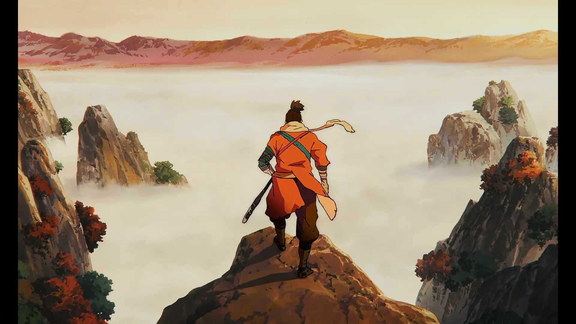Wolf observa as montanhas de Ashina no anime Sekiro: No Defeat