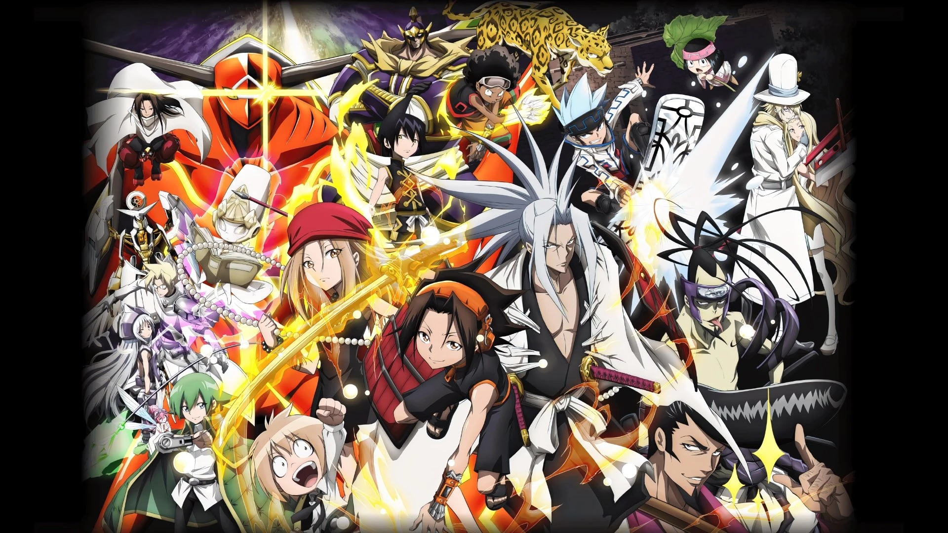 Yoh Asakura and other Shaman King characters gathered in anime artwork