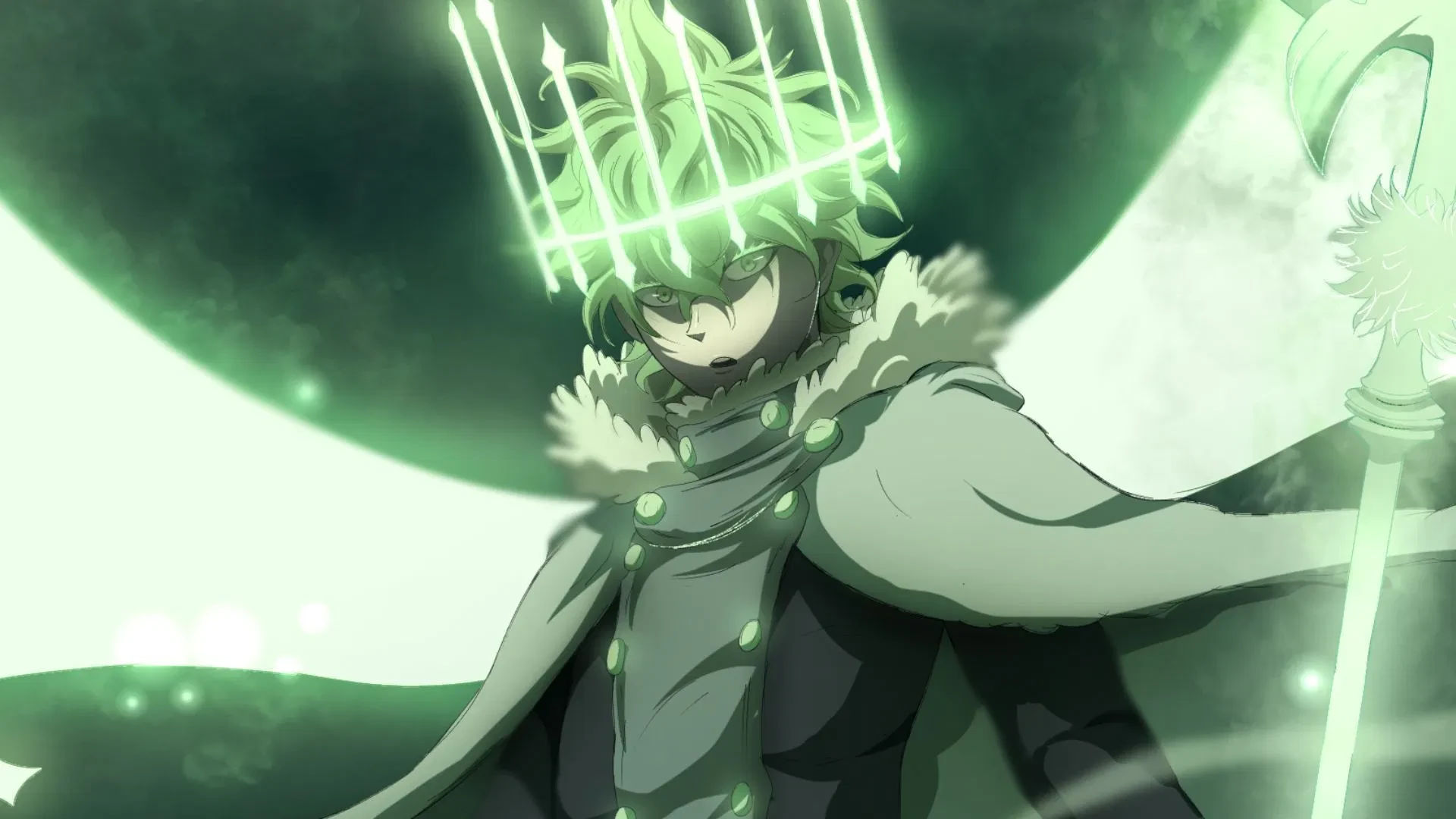 Yuno surrounded by Star Magic and wind effects in Black Clover