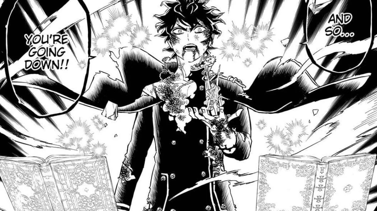 Yuno with two grimoires during the battle against Zenon in the Black Clover manga